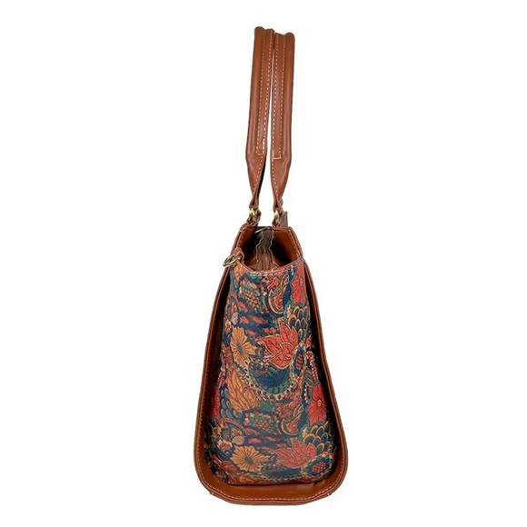 Floral Cork Cognac Brown Embossed Tooled Artisan LEATHER Hobo Bag Purse Tote - Picture 6 of 11